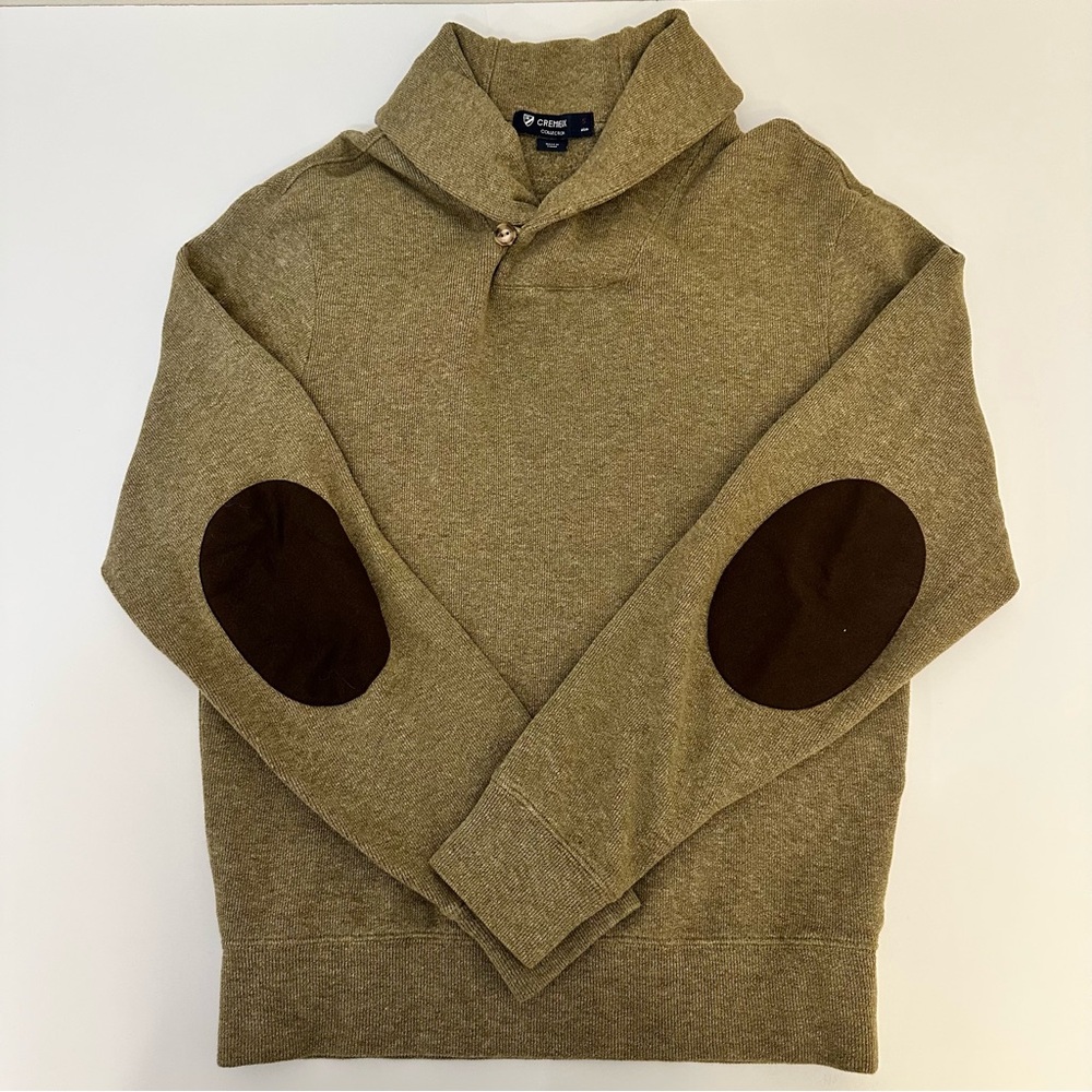 Cremieux Shawl Collar Sweater Small Elbow Patch Tan Pullover Preppy Heritage